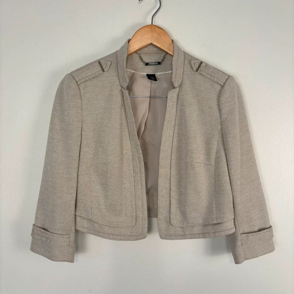 White House Black Market 6 Cropped Tweed Blazer Jacket Beige Open Front
